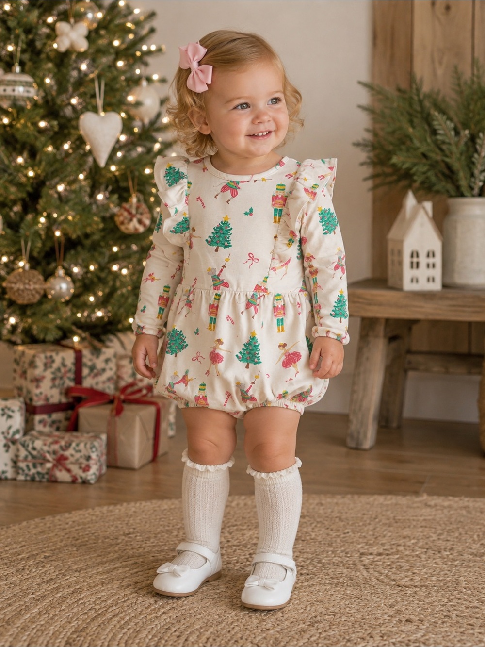 Girls Holiday Nutcracker & Tree Ruffle Romper - Cream with Green & Pink